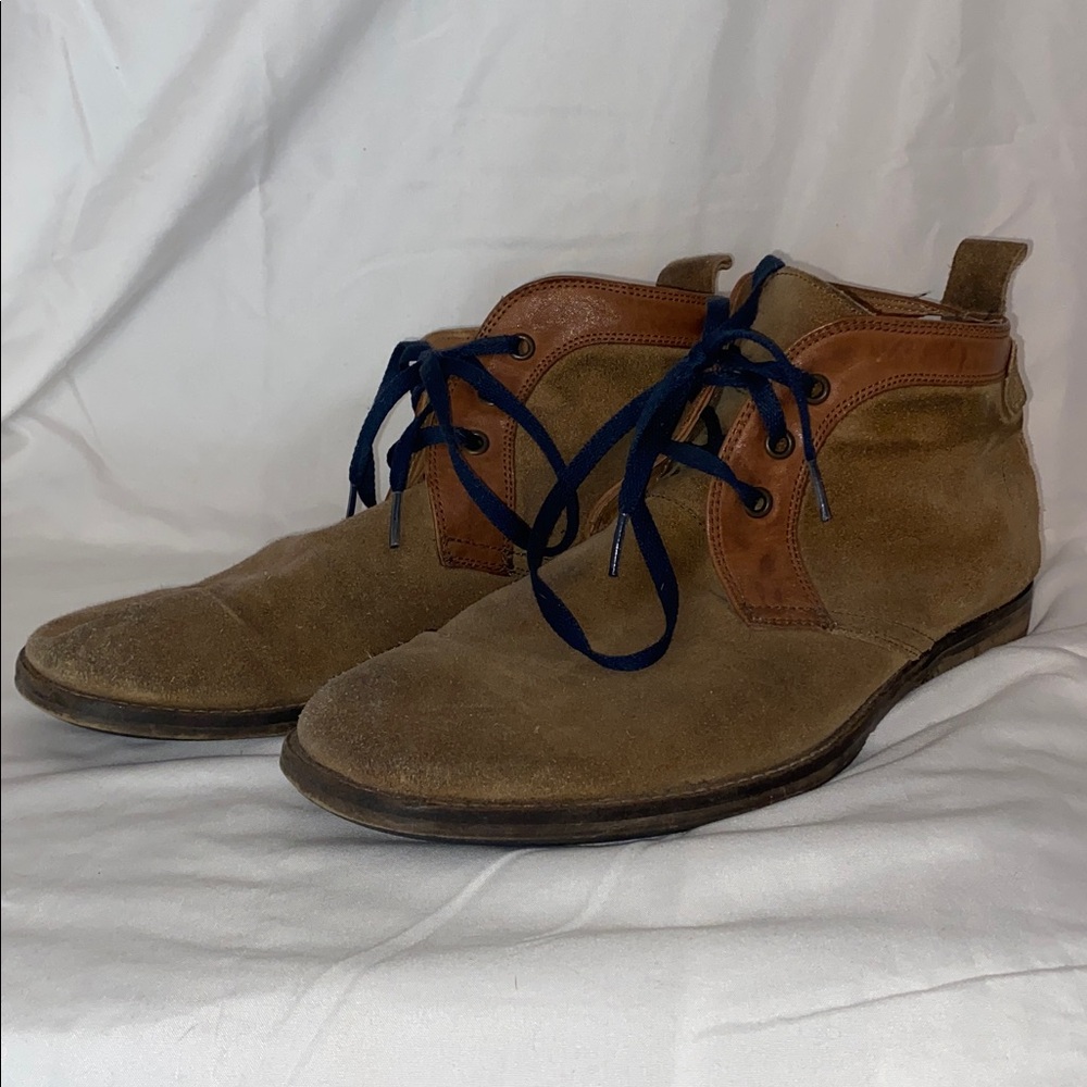 Brown and Tan Suede Ankle Boots with Navy Laces
